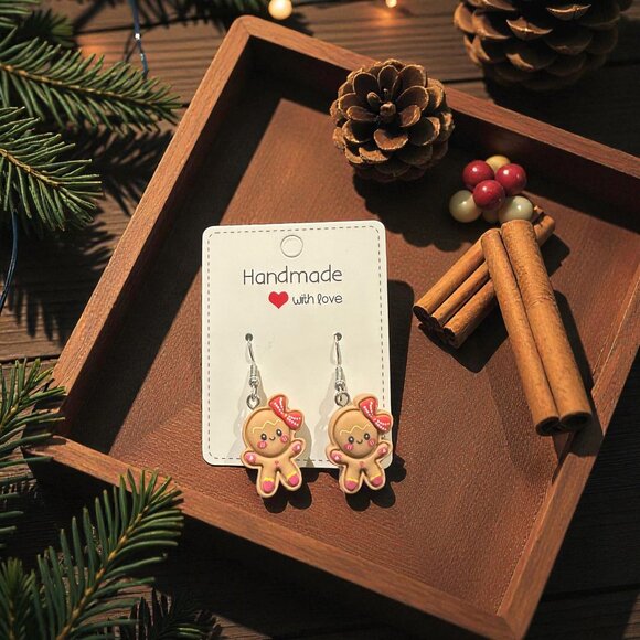 Handmade Gingerbread Earrings | Christmas Earrings | Polymer Clay Jewelry - Picture 3 of 8